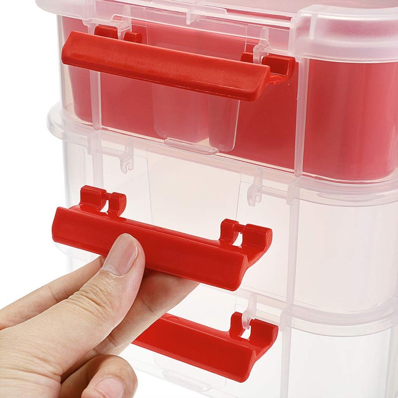 JUXYES 3-Tiers Stack Carry Storage Box With Divided Tray, Transparent Stackable Storage Bin With Handle Lid Latching Storage Container for School & Office Supplies (Red) - Image 4